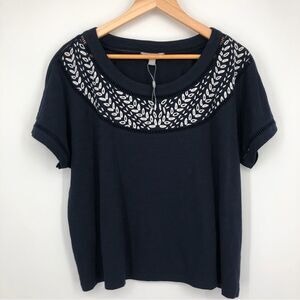 Pure Collection Tee Womens 12 Navy Blue Short‎ Sleeve Embroidered Leaf Cutout